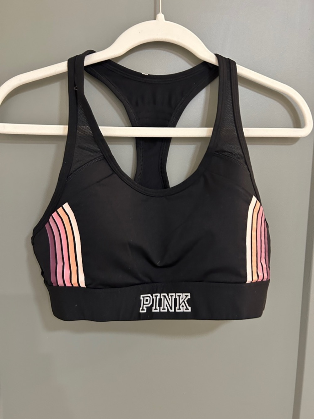 PINK Victoria's Secret ULTIMATE Black Sports Bra with Pink & Peach Stripes M